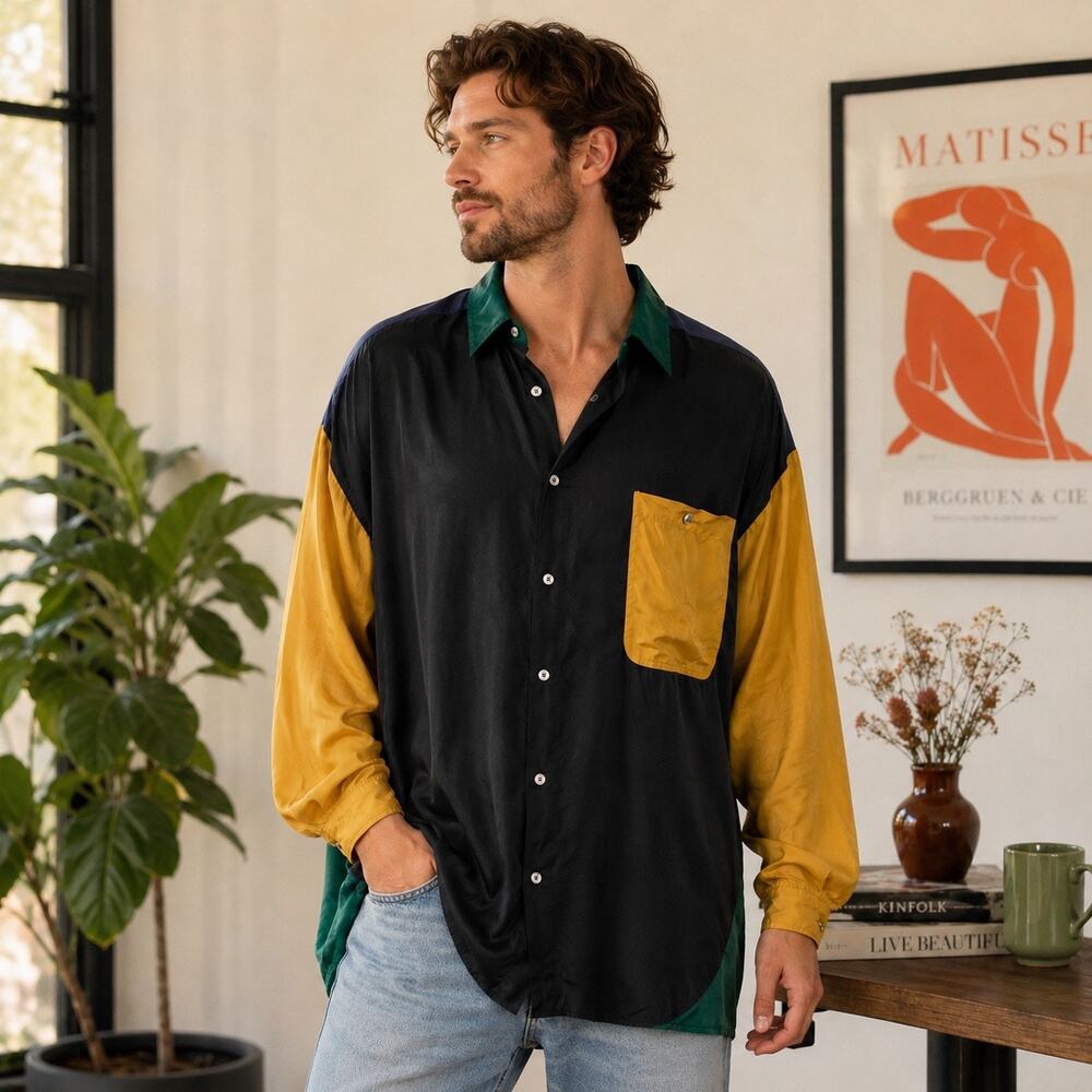 Protest Men’s L 100% Silk Colorblock Shirt Black Green Mustard Blue 90s Style
